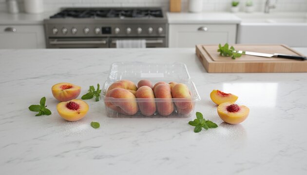 Organic flat peaches in clear packaging on marble surface