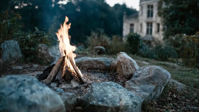 Bonfire igniting in garden near stone manor. Flames building from stacked logs surrounded by rocks. Evening outdoor fire sequence in leafy setting.