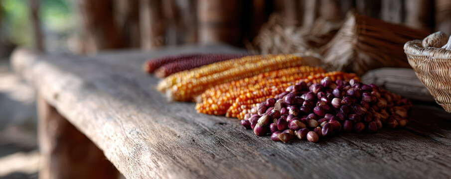 Colorful corn kernels multicolor maize ear harvest on wooden table warm rustic still life with cozy light