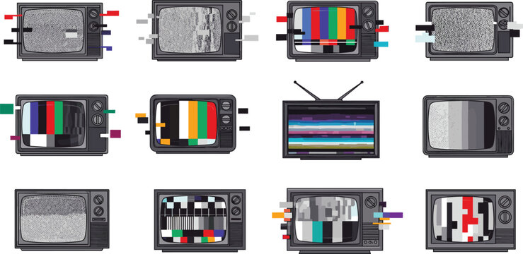 Retro Television Screens Collection with Static Noise, Color Bars, Glitch Effects, and Vintage TV Test Patterns Vector Illustration Set