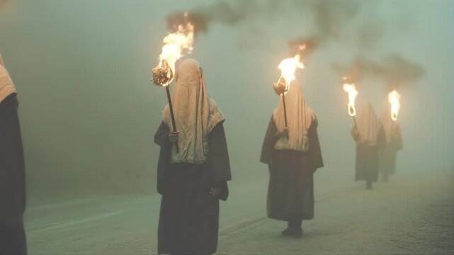 Hooded figures in robes carry flaming torches through thick fog. Mysterious group procession walks along misty road at night. Eerie ritual journey with firelight in darkness.