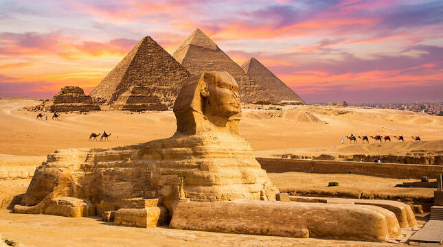 The complex in Cairo on the Giza plateau, with the Great Pyramids and the Sphinx in the foreground