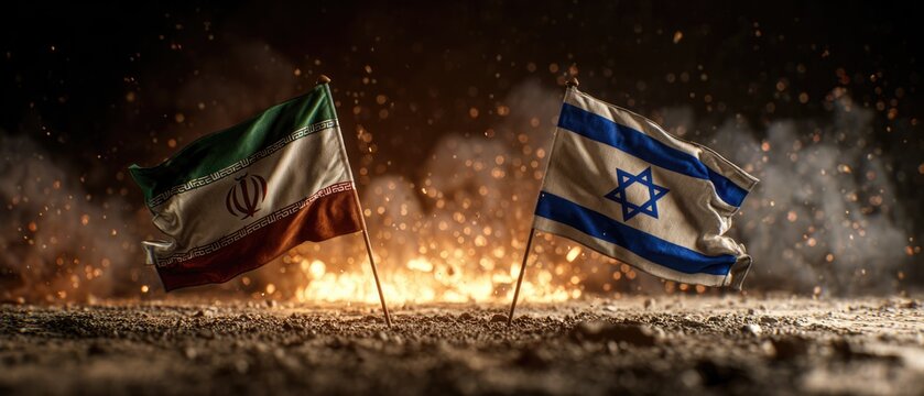 burning iran and israel flags in conflict with dramatic fiery glow at night