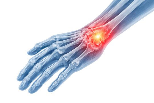 Detailed wrist bone structure with pain highlighted, medical illustration showing joint inflammation and skeletal discomfort isolated on white background