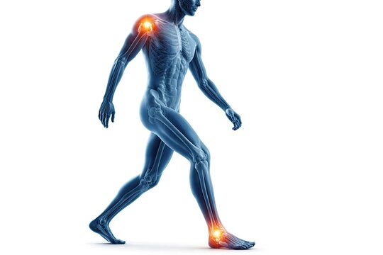 Human body walking with multiple joint pain areas highlighted, medical concept showing inflammation and mobility issues isolated on white background