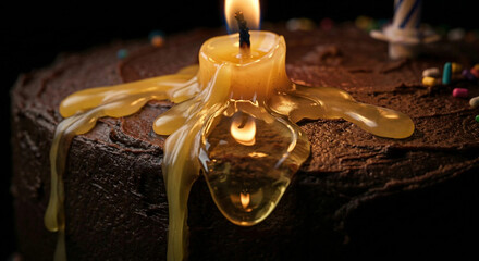 Macro detail of melting wax candle on dark chocolate cake