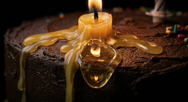 Macro detail of melting wax candle on dark chocolate cake