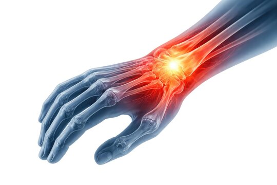 Human wrist joint with highlighted pain area, medical illustration showing inflammation, arthritis and repetitive strain injury isolated on white background