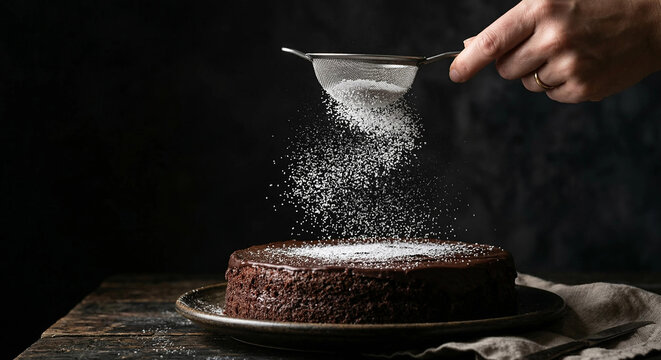 Hand sifting powdered sugar onto dark chocolate cake