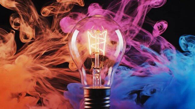 Light bulb filament illumination with colorful smoke effect on dark background