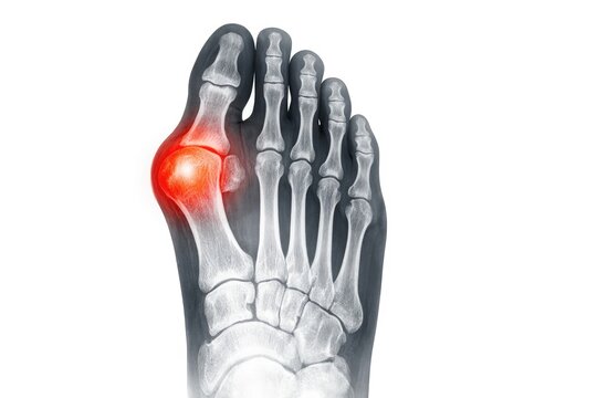 Foot bone structure with highlighted pain area, medical illustration showing inflammation and joint discomfort in toes isolated on white background