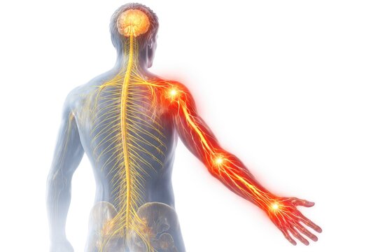 Human body with nervous system pain highlighted in multiple areas, medical concept showing nerve damage and chronic pain pathways isolated on white background