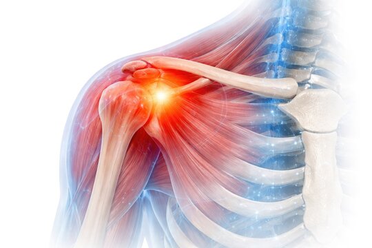 Detailed shoulder joint inflammation with glowing pain area, medical anatomy concept showing muscle tear and ligament damage isolated on white background