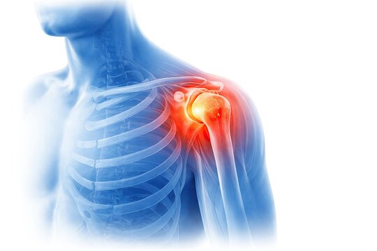 Human shoulder joint pain highlighted with inflammation effect, medical anatomy concept showing rotator cuff injury and muscle strain isolated on white background