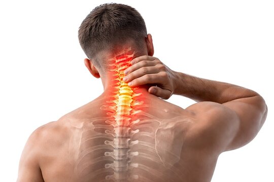 Man suffering from severe neck pain with highlighted spine inflammation, healthcare concept showing muscle strain and cervical discomfort isolated on white background
