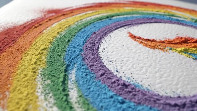 Colorful rainbow artwork created with vibrant pigments on textured background. Rainbow design features bright colors arranged in swirling pattern for artistic expression and creativity.