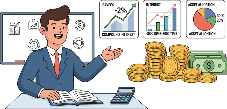 Business finance investment planning concept with advisor explaining compound interest savings growth asset allocation charts coins cash and calculator illustration