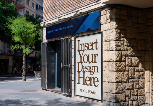 Real photo of canvas in Storefront on Urban Street for Design. PSD mockup.