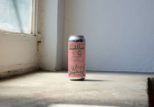Real photo of can Container on Light Floor by Window. PSD mockup.