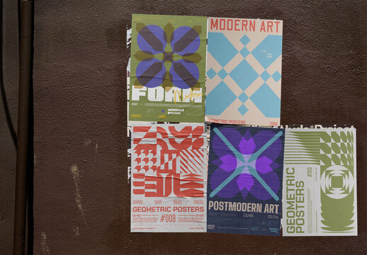 Mockup of Five Urban Posters Glued on Textured Wall