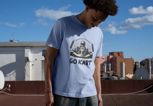 Real photo of Young Man in T-shirt on Rooftop. PSD template mockup.