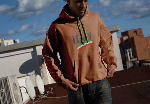 Real photo of  Hoodie at Sunset. PSD Mockup.