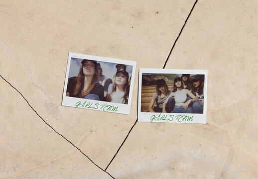 Real photo of Polaroids Placed Flat on Floor. PSD template mockup.