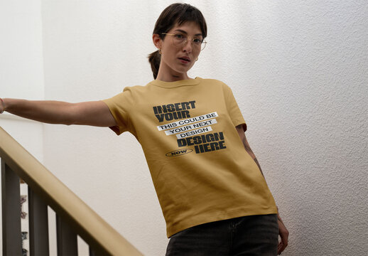 Real photo of Model Posing With T-Shirt on Stairway. PSD template mockup.