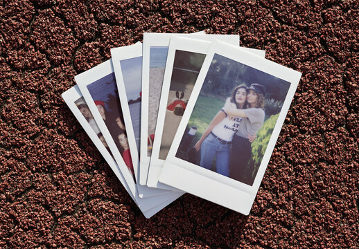 Real photo of Blank mini Polaroid Pics on Ground. PSD template mockup.