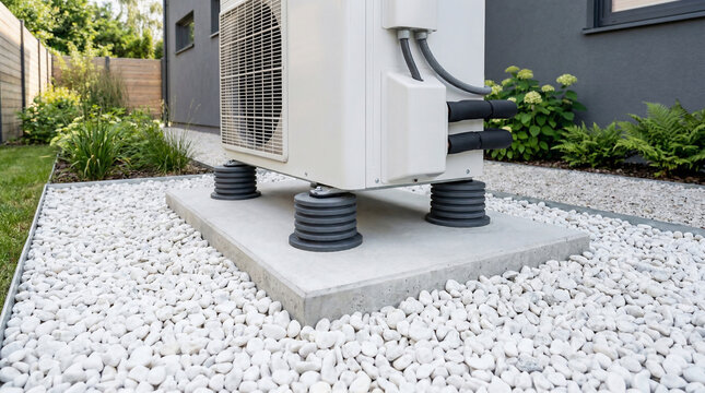 Outdoor air conditioning unit and heat pump on a concrete base with isolation feet, surrounded by white gravel and green landscaping in a modern home garden