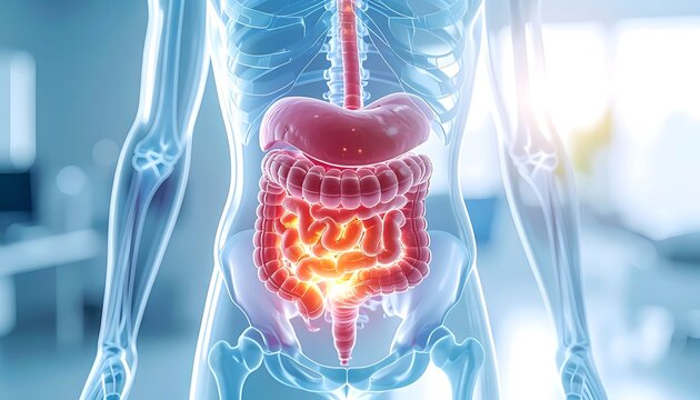 Anatomical illustration of the human digestive system, highlighting the stomach and intestines with internal inflammation and discomfort