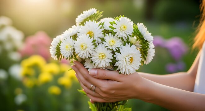 A gentle close up of a woman hands holding a beautiful white aster bouquet, standing in a sunlit garden with a soft blurred floral backgroun