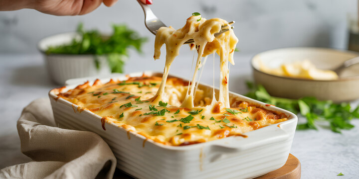 Cheesy dish being served with a fork cheesy food serving cheese