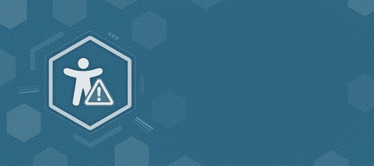 Accessibility and human user error warning icon in hexagon on blue background with copy space and vector © sh99