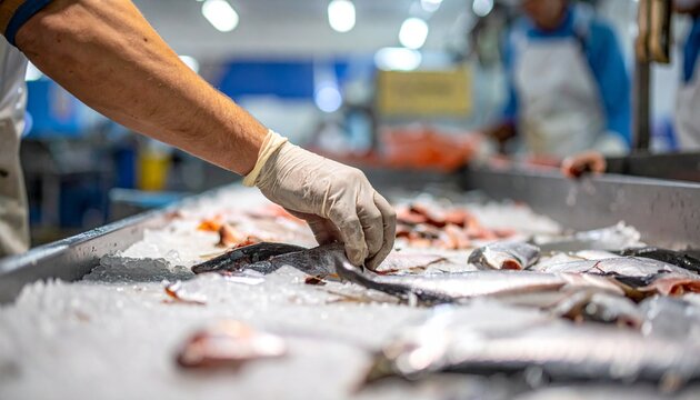 An image of a person's hand wearing a glove, arranging raw fish on ice. The scene suggests a fish market or seafood processing facility.