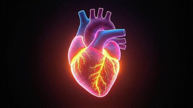 Vibrant, glowing digital illustration of a human heart with detailed arteries and ventricles, set against a dark background