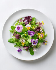 Top view spring salad with leafy greens herbs and edible flowers on white plate showcasing minimal fresh wellness composition