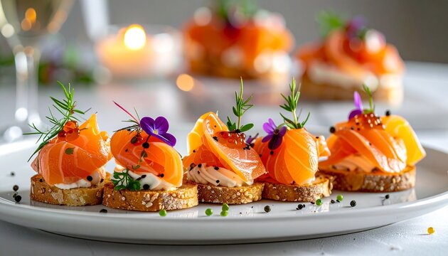 Scottish smoked salmon canap&eacute;s elegant plating