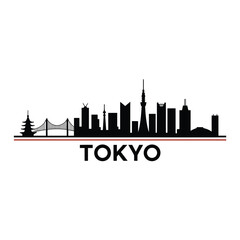 Fototapeta premium A minimalist black silhouette of the tokyo skyline with a red base