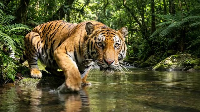 Tiger moves gracefully through a forest stream, displaying its vibrant fur and keen gaze while surrounded by rich vegetation and water reflections