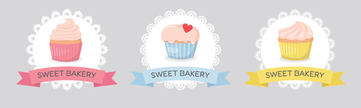 Bakery labels set with pink, blue and yellow muffins. Cupcake Badge Labels, Vintage Pastry Shop Emblems