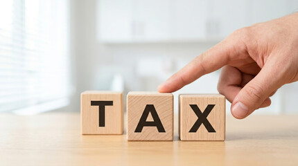 Naklejka premium Tax concept with wooden blocks on table and finger pointing, symbolizing financial responsibility and taxation awareness in bright office setting