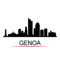 Obraz premium Silhouetted skyline of genoa italy with prominent buildings and lighthouse