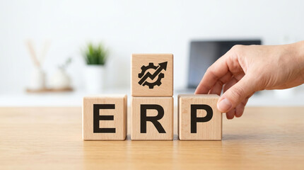 Naklejka premium Enterprise resource planning concept with wooden blocks showing ERP letters and gear with arrow symbol, hand placing last block on wooden table in bright office setting