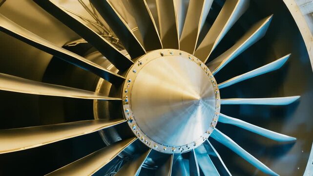Jet engine turbine blades showcasing advanced aerospace engineering and a complex machinery design, highlighting modern technology and mechanical precision
