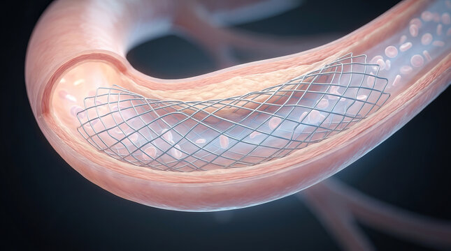 Artery stent blood vessel medical surgery healthcare anatomy vascular implant illustration detailed 3D medical illustration of artery with metal stent implant inside blood vessel, showing vascular