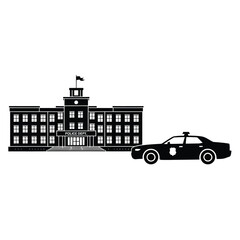 Simple black silhouette of a police station and patrol car © ABDULLA
