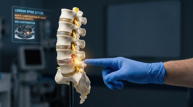 Lumbar spine vertebra spinal cord nerve nerve compression disc herniation lumbar pain medical examination orthopedic neurology. Lumbar spine model highlighting nerve compression with glowing disc