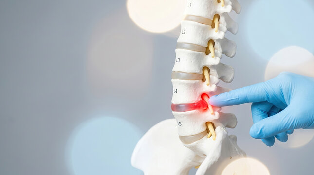 Lumbar spine model spinal disc herniated disc back pain red inflammation gloved hand medical demonstration orthopedic concept human skeleton healthcare anatomy model with herniated lumbar spinal