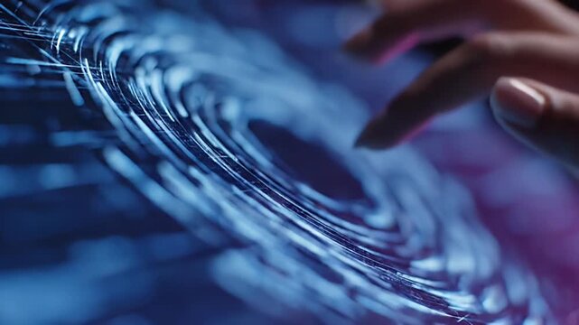 Closeup of a finger interacting with a futuristic digital interface with glowing abstract data
